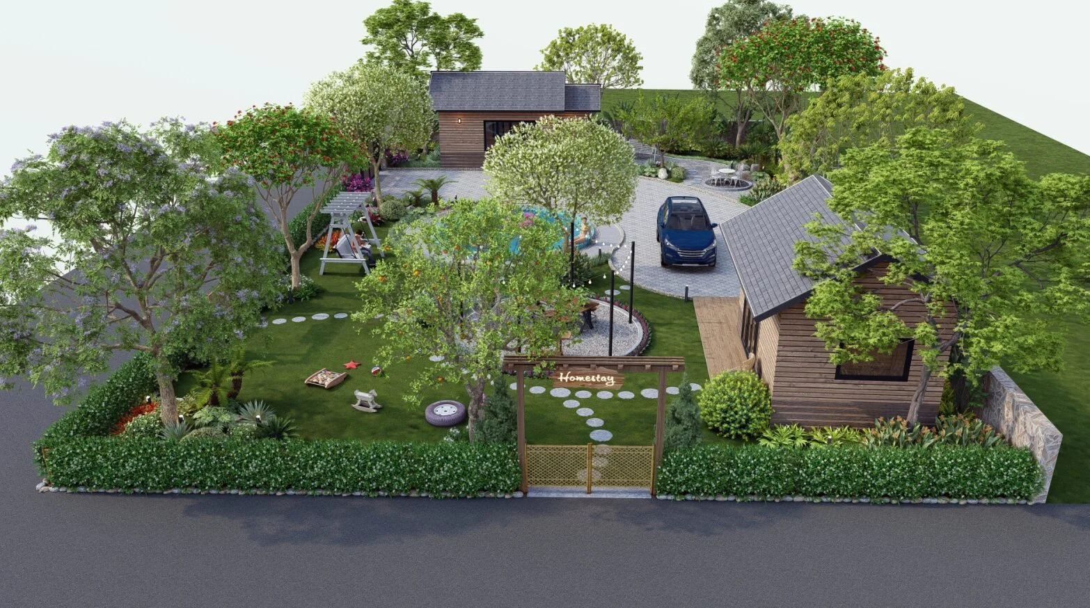Thi công sân vườn homestay Bảo Lộc đẹp thu hút khách